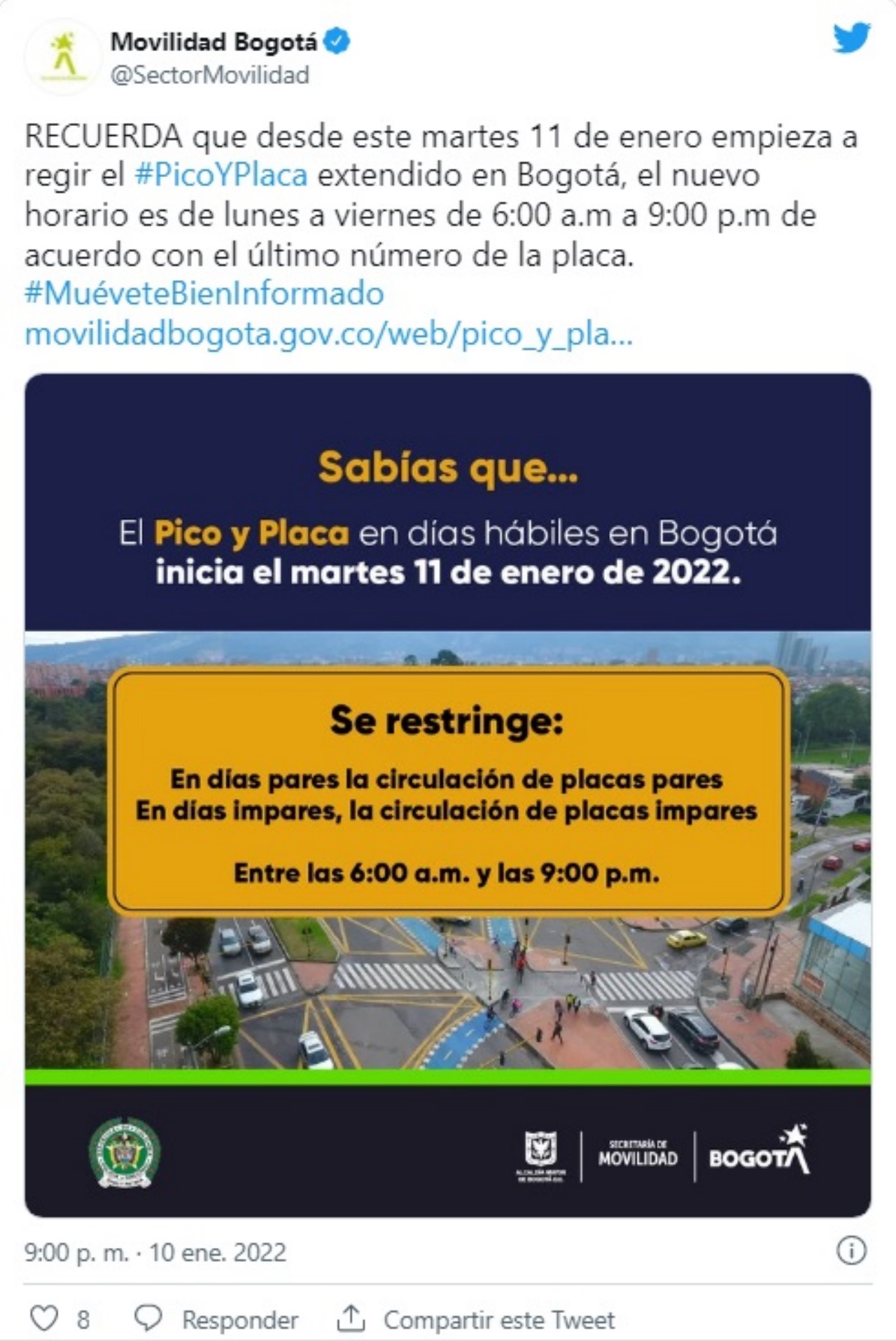 pico y placa en Bogota hasta el 14 de enero de 2022