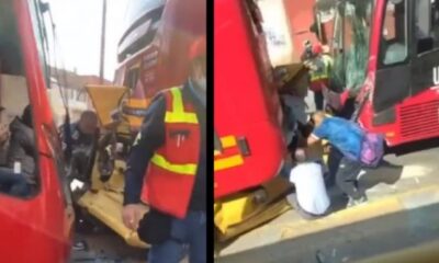 Fuerte accidente entre dos buses de TransMilenio y un taxi en Bogotá