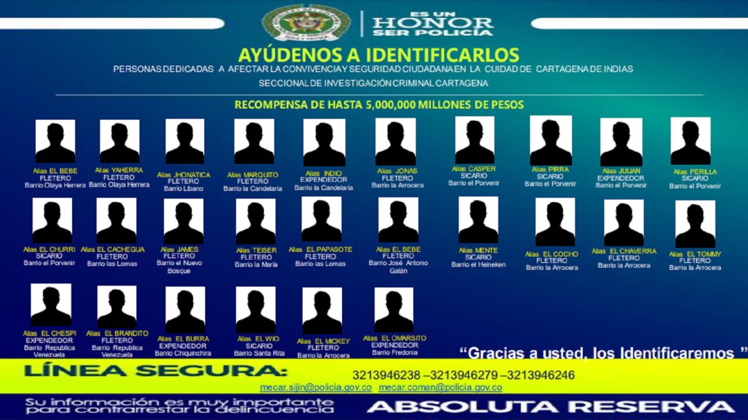 Policía elaboró cartel de los 26 delincuentes más buscados de Cartagena