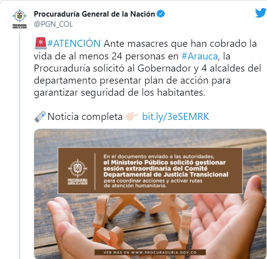 Procuraduría solicita a autoridades de Arauca plan de acción para seguridad de sus habitantes
