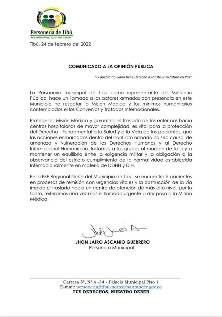 Personería de Tibú pide al ELN dar paso a misión médica para trasladar pacientes con urgencias a Cúcuta