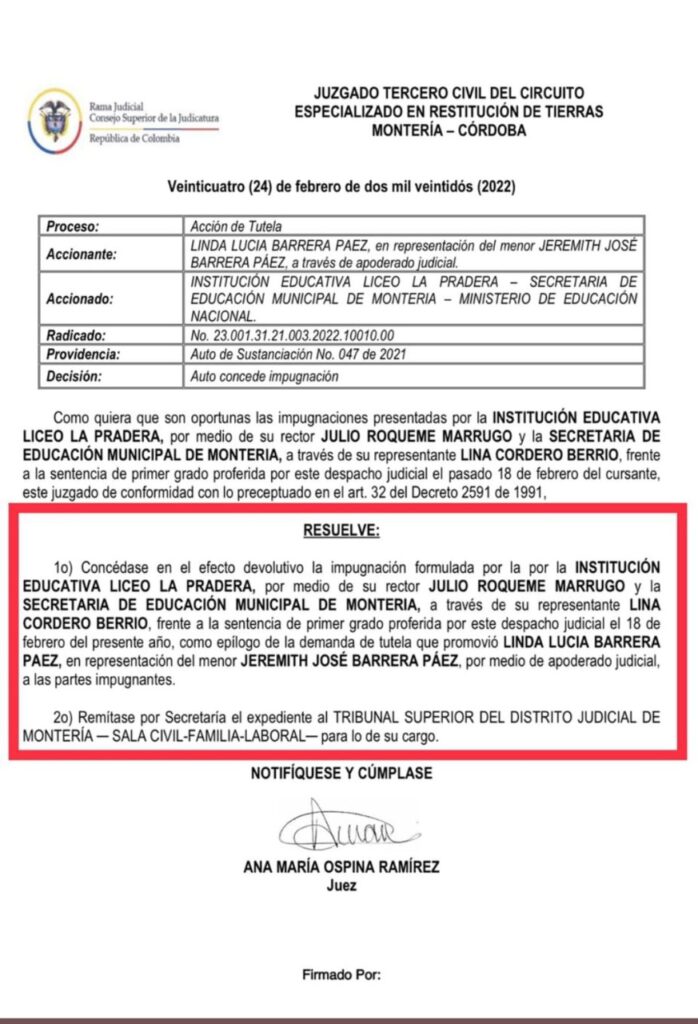 Pese a fallo judicial, rector de la IE La Pradera, niega cupo escolar a niño en condición de discapacidad