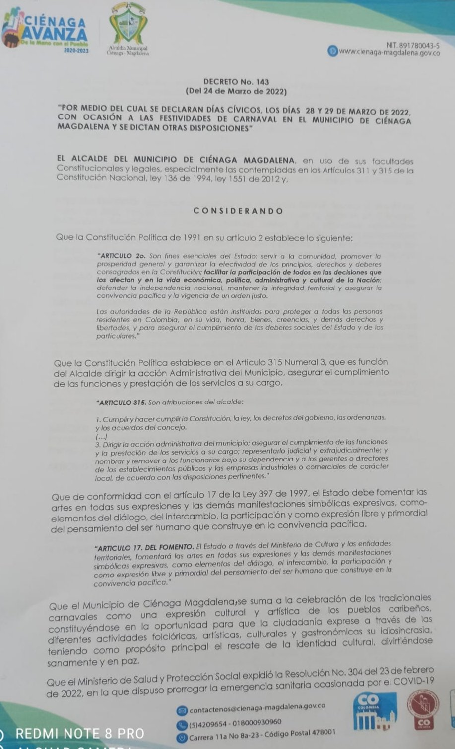 28 y 29 de marzo declarados días cívicos en Ciénaga