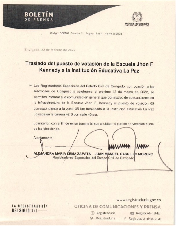 A continuación, el comunicado oficial compartido por la Registraduría Nacional del Estado Civil: