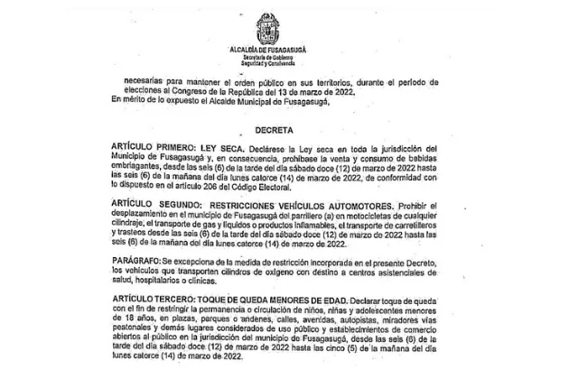 Decreto Oficial de la Alcaldía por jornada electoral en Fusagasugá,Cundinamarca