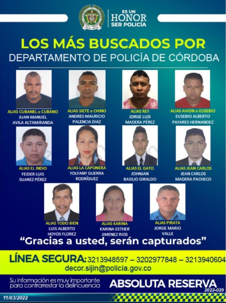 Policía de Córdoba revela los rostros de los 11 criminales más buscados