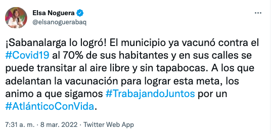 Sabanalarga logró el 70% de vacunación: en sus calles se podrá transitar sin tapabocas