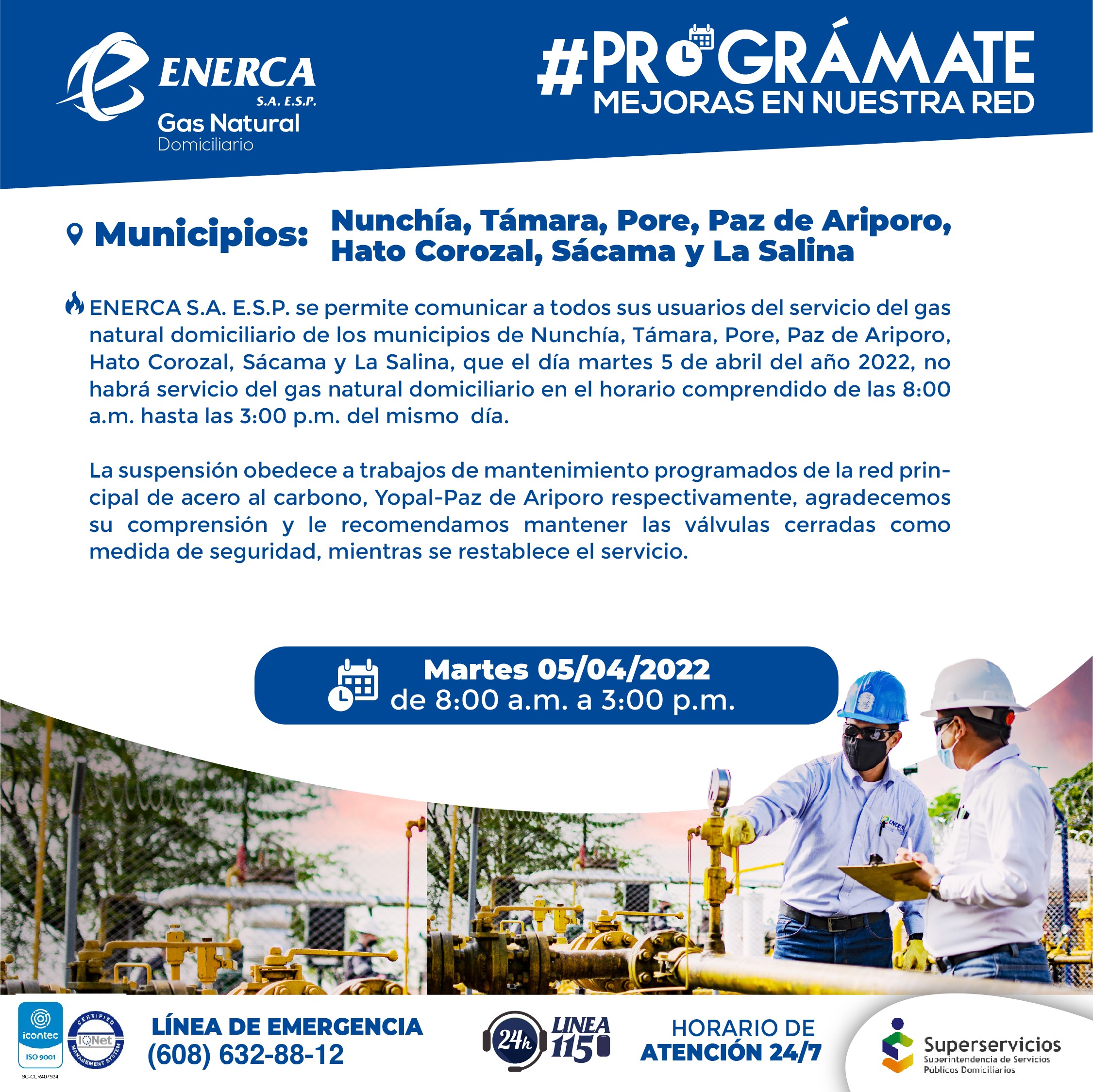 En municipios del norte de Casanare, no habrá gas natural el 5 de abril por mantenimiento