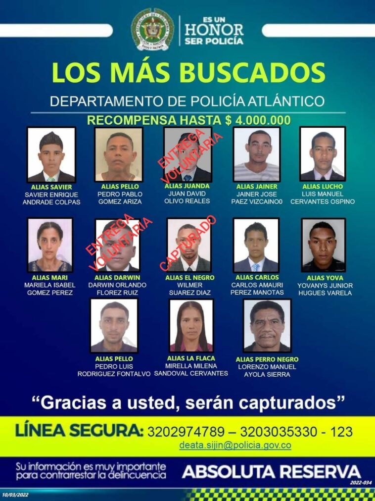 Cartel de los más buscados en el Atlántico.