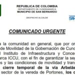 Cerrarán carretera entre San Bernardo y Arbeláez, Cundinamarca