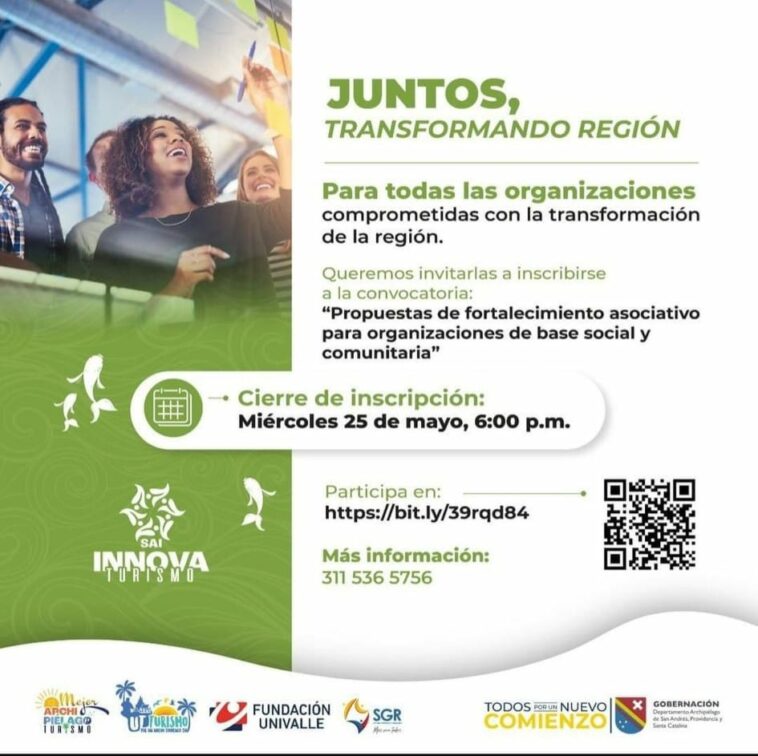 Puede ser una imagen de 3 personas y texto que dice "JUNTOS, TRANSFORMANDO REGIÓN Para todas las organizaciones comprometidas con la transformación de la región. inscribirse Queremos invitarlas a convocatoria: "Propuestas de fortalecimiento asociativo para organizaciones de base social y comunitaria" # Cierre de inscripción: Miércoles 25 de mayo, 6:00 p.m. Participa en: https://bit.ly/39rqd84 INNONA Más información: 311 536 5756 TURTSMO FUNDACIÓN UNIVALLE SGR TODOS PORUN NUEVO COMIENZO GOBERNACIÓN SeeCaalna"