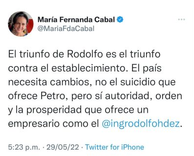 Para «salvar» a Colombia, María Fernanda Cabal, pieza clave del Centro Democrático, se une a Rodolfo Hernández