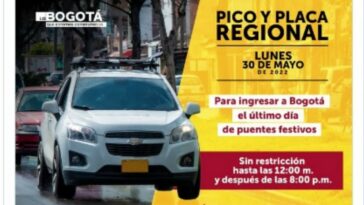 Asi sera el Pico y Placa Regional para entrar a Bogota este lunes 30 de mayo