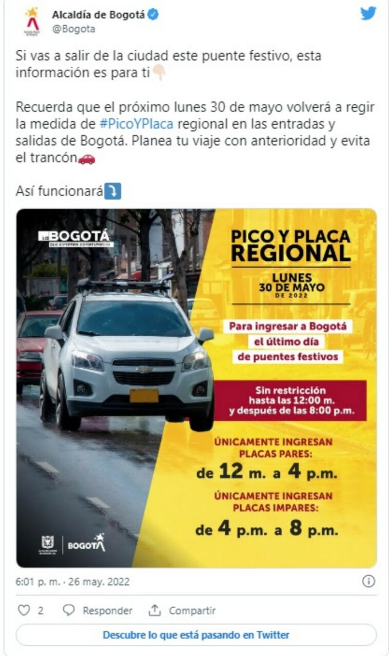 Asi sera el Pico y Placa Regional para entrar a Bogota este lunes 30 de mayo