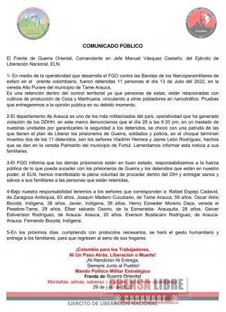 Ejército calificó de cobarde anuncio del ELN sobre asesinato de dos secuestrados en Arauca