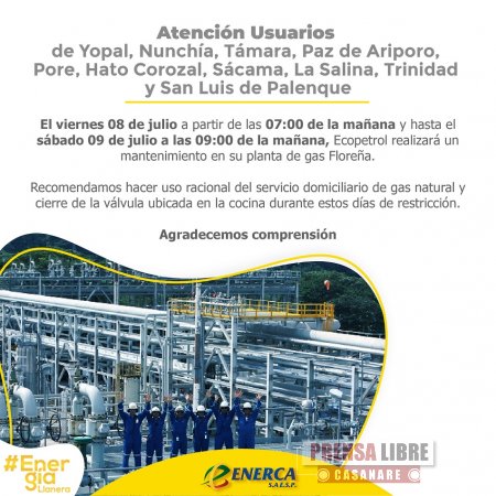 Usuarios de gas natural de Enerca al norte de Casanare sin servicio por mantenimiento en Floreña