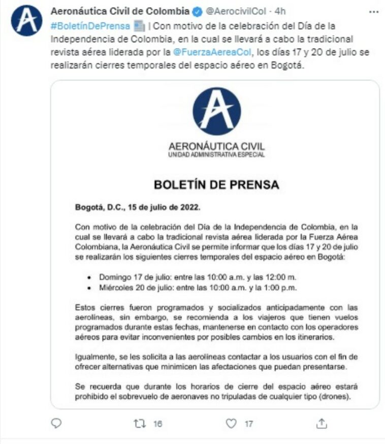 Realizaran cierres temporales del espacio aereo en Bogota
