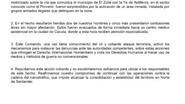 Comunicado ataque al ejército en el Catatumbo, previo a la visita del presidente a El Tarra.