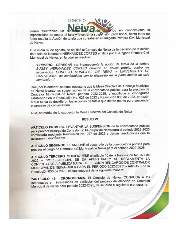 Concejo de Neiva con vía libre para elegir contralor