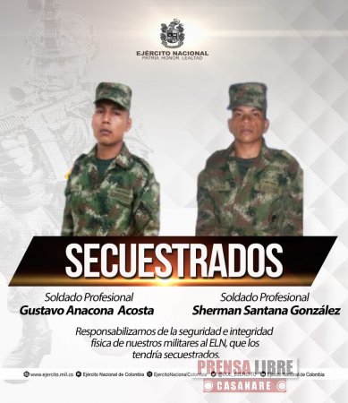 Ejército responsabilizó del secuestro de dos soldados profesionales en Arauca al ELN