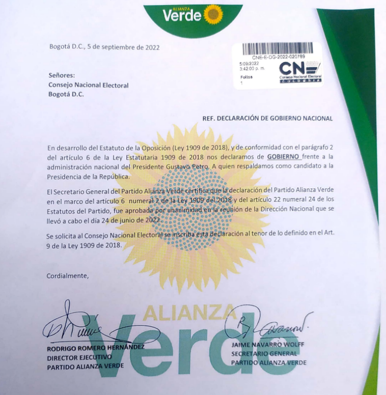 Alianza Verde oficializa que es partido Gobierno