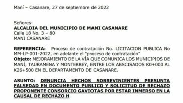 Consorcio CHM denuncia posible alteración de estados financieros de Consorcio que busca acceder a contrato de mantenimiento vial Maní – Monterrey Casanare