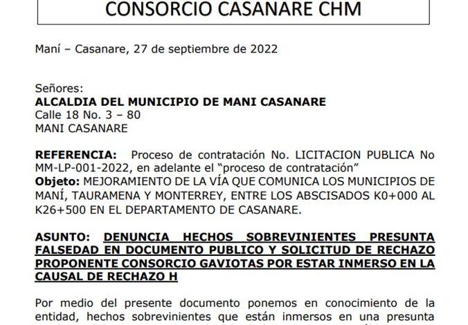 Consorcio CHM denuncia posible alteración de estados financieros de Consorcio que busca acceder a contrato de mantenimiento vial Maní – Monterrey Casanare