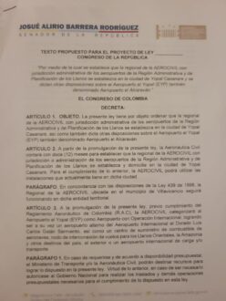 Senador Alirio Barrera radicó el Proyecto de Ley para internacionalizar el aeropuerto El Alcaraván de Yopal