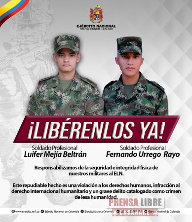 En manos del ELN dos soldados profesionales en Arauca