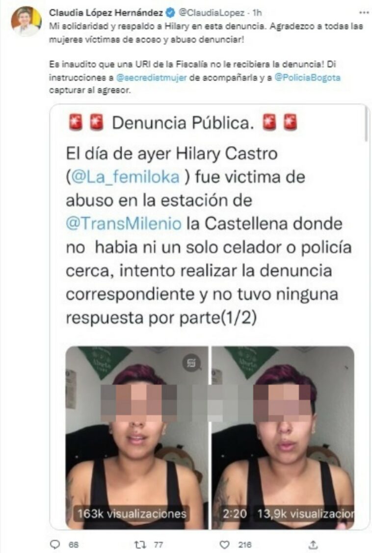 Alcaldesa se refirio a denuncia de joven que fue abusada sexualmente en TransMilenio