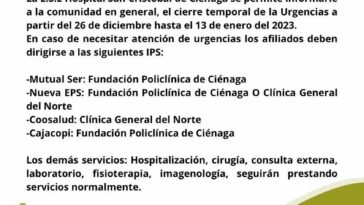 Cierran urgencias del hospital San Cristóbal de Ciénaga