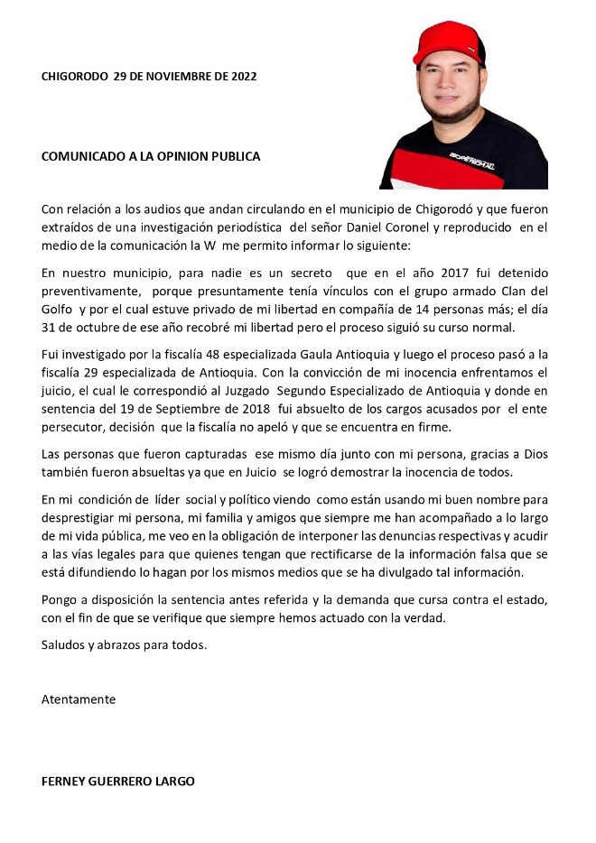 Comunicado Ferney Guerrero