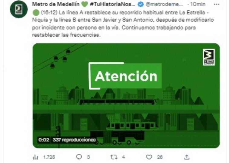 La linea A del Metro de Medellin restablece su recorrido habitual