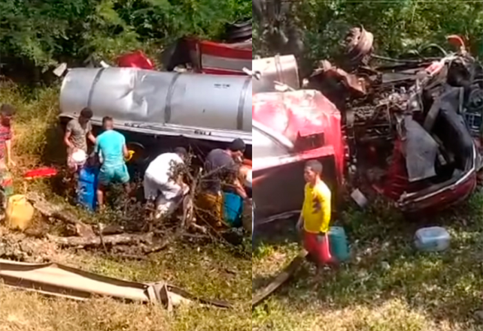 Mientras conductor moría tras choque de camión cisterna, le saquearon la carga de combustible