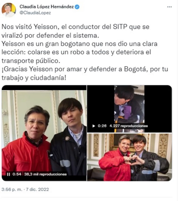 Claudia Lopez le hizo reconocimiento a conductor de SITP por defender el sistema de los colados