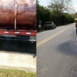 A camión cisterna se le desprendieron dos llantas y una de ellas chocó contra un carro