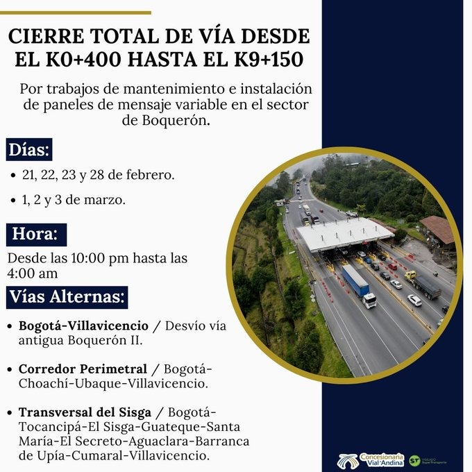 Cierre total en la vía Bogotá-Villavicencio: conozca las fechas y horarios