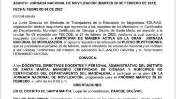 Edumag anuncia movilización para este martes en Santa Marta y en municipios del departamento