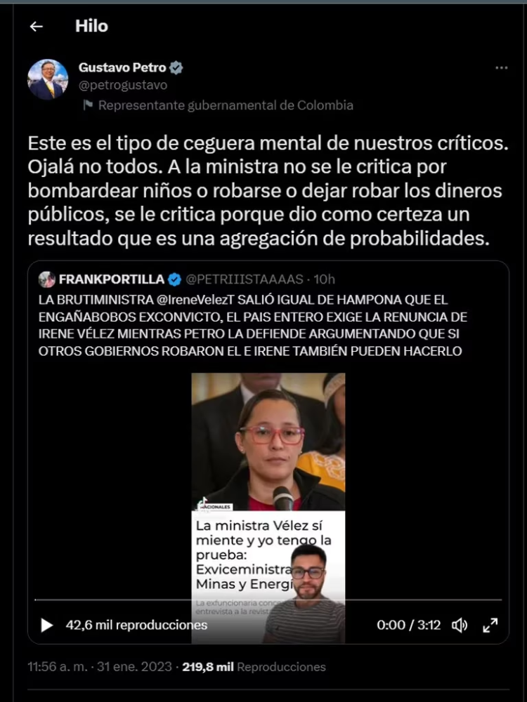 Gustavo Petro defendió a Irene Vélez y afirmó que “Todos los ministros de minas han cometido el mismo error matemático”