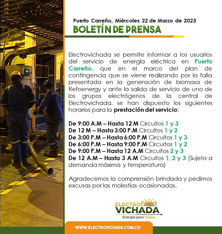 Continúa el racionamiento de energía eléctrica en Puerto Carreño