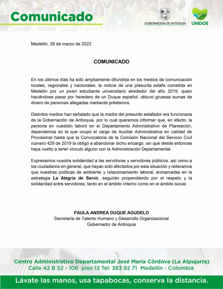 La Gobernacion de Antioquia se pronuncio sobre estafador hijo de exfuncionaria que se hacia pasar por heredero de un Duque scaled