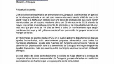 Personero de Zaragoza alerta a Aníbal Gaviria por posible desabastecimiento debido al paro minero