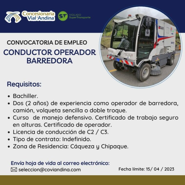 #TrabajoSiHay Se requiere auxiliar de bascula y conductor operador de barredora en #Coviandina