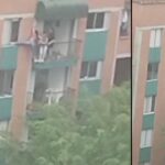 [VIDEO] ¿Se le quedarían las llaves?, mujer arriesga la vida para abrir el apartamento