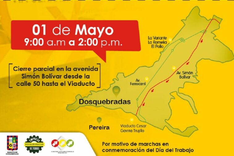 Cierres viales este lunes 1 de mayo por marcha del Día del Trabajo en Dosquebradas