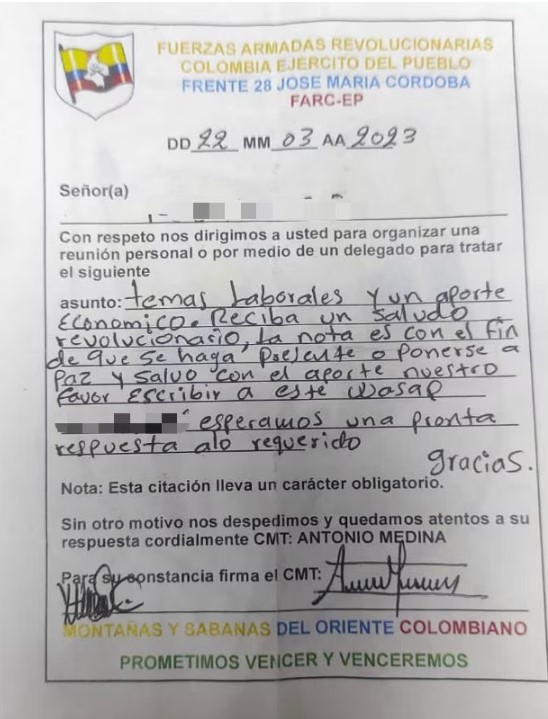 En Casanare disidencias de las Farc les entregan paz y salvo a las personas que extorsionan