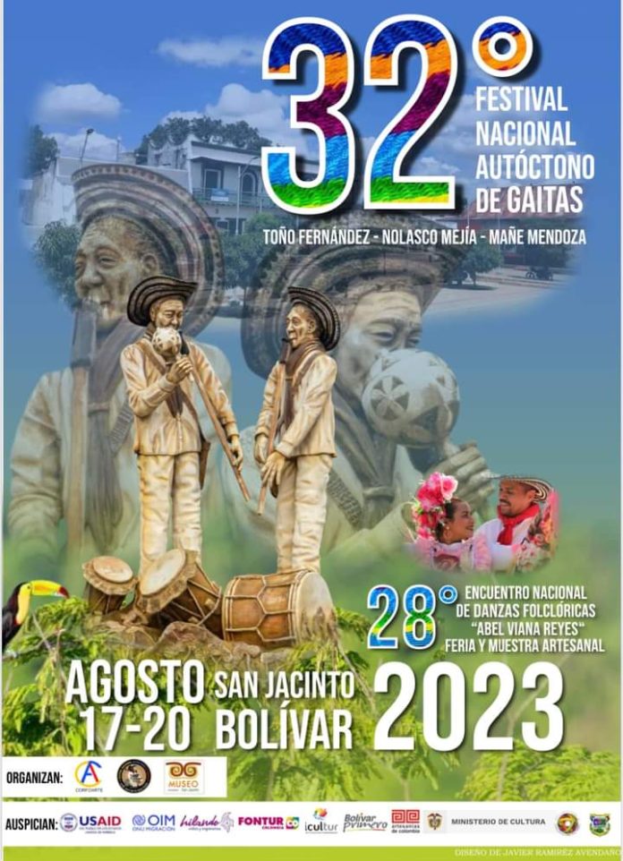 Afiche oficial del 32 Festival Nacional Autóctono de Gaitas de San Jacinto, Bolívar 