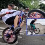 El talentoso 'Praga' en Buga, el 'asphalt surfer': con su bici hace de las acrobacias una atracción