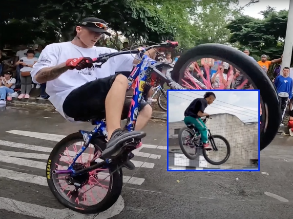 El talentoso 'Praga' en Buga, el 'asphalt surfer': con su bici hace de las acrobacias una atracción
