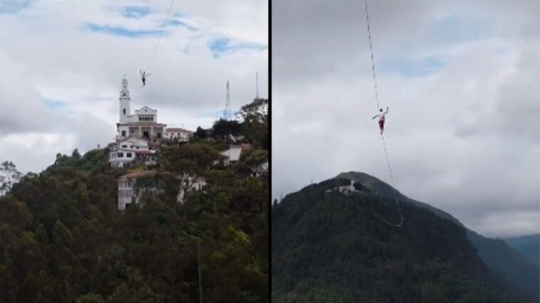 En cuerda floja deportista cruzo el cerro de Monserrate hasta el de Guadalupe